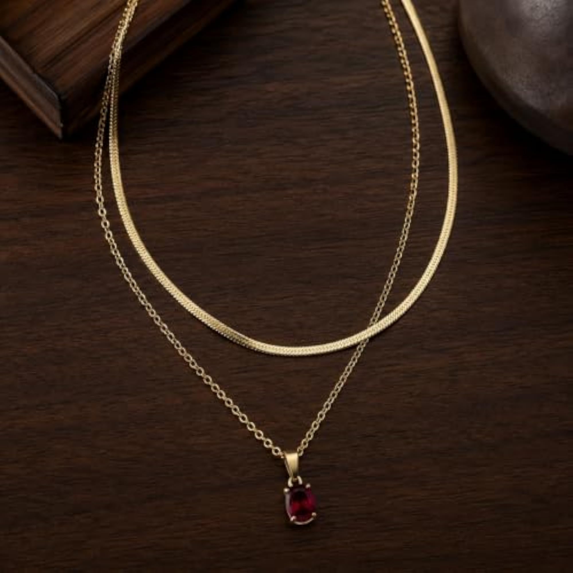 Ruby Red Stone Snake Chain Layered Necklace for Women