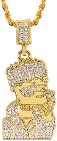 putouzip Men's Bart Chain Necklace 18K Gold Plated CZ Fully Iced Out Cartoon 316L Stainless Steel Pendant(Gold)