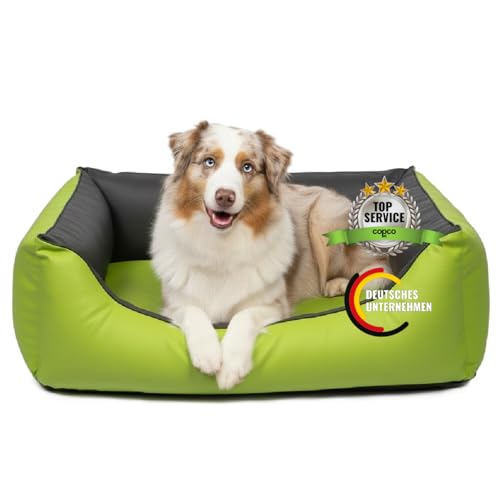 CopcoPet Hundebett Grosse Hunde – Waschbares Hundekissen 【Wendebett】 Hundekorb aus Kunstleder - Formstabiles Hundesofa - Hundekörbchen mit erhöhten Rand, Dog Bed Grün/Grau 110 x 90 cm