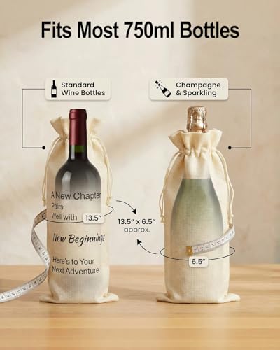 Image of Newly Beginning Wine Gift Bag for Her Reusable Linen Drawstring Wine Bag for Retirement, Graduation & Farewell Gifts, Holds 750ml Bottle