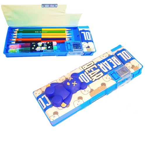 Image of Amitasha Plastic Pop Up Multifunction Pencil Case For Kids Cool Teddy Bear Pen Box For Boys & Girls School Supplies Organizer Stationery Pencil Holder With Dual Sharpener, Magnetic Flap, Multicolor