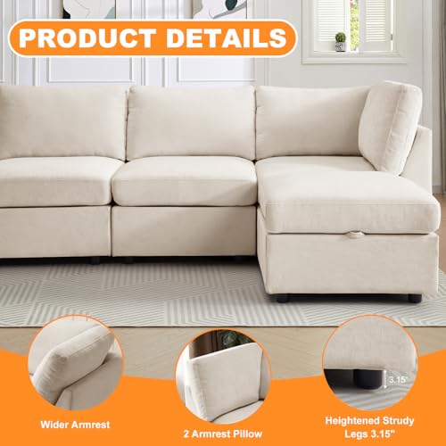 Image of TEKAMON 122 inch L Shaped Modern Sofa Modular Sectional Couch with Ottoman, 5-Seat Chenille Deep Seat Sofa for Living Room, Bedroom and Apartment, Beige