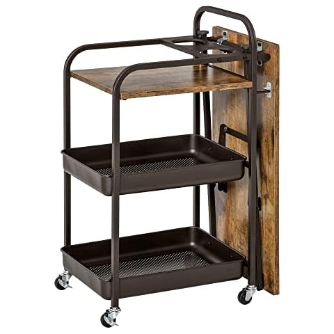 HOMCOM Küchenwagen Küchenrollwagen Servierwagen mit 1 klappbaren Tischplatte 2 Tabletts und 1 offenes Regal Rollen Verstellbare Fußpolster E1-Spanplatte Metall Rustikal-Braun 118 x 36,5 x 82 cm Cover