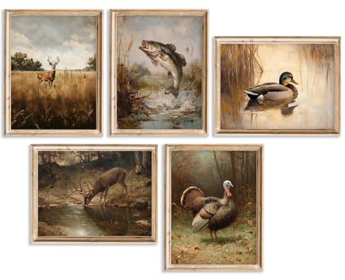 Vintage Hunting Nursery Wall Art Baby Boy Room Canvas Wall Decor Farmhouse Woodland Animal Prints Poster Mallard Duck Deer Turkey Fish Pictures Artwork Painting for Kids Bedroom 8x10x5 Inch Unframed