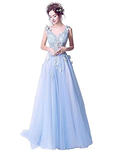 LEJY Women's Tulle Applique V-Neck Evening Dresses Beaded Floor Length Prom Party Dresses Blue 2