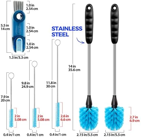 Holikme 6 Pack Bottle Brush Cleaning Set - 14" Long Handle Cleaner,7.9"/9.8"/11.8" Straw Brushes, 3-in-1 Multifunctional Brush,for Washing Narrow Neck Beer Decanter Pipes Sinks Rim Lid, Blue