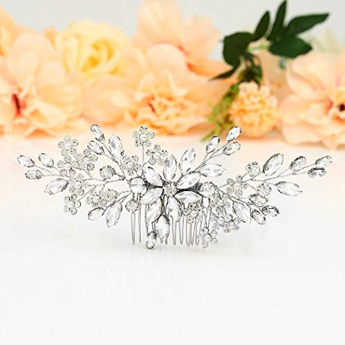 Unsutuo Crystal Bride Wedding Hair Comb Silver Rhinestone Flower Bridal Hair Pieces Pearl Wedding Hair Accessories For Women And Girls… (Silver) #TOP1