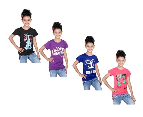 Image of indi weaves Girls Pure Cotton Chest Printed Half Sleeves Round Neck T-Shirts (Pack of 4)