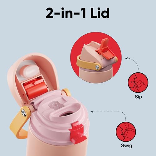 Image of Insulated Water Bottle with Straw - Encool Stainless Steel Water Bottle with Push Button Lid, Leak-Proof & BPA-Free, Keeps Cold for 24 Hours for Sports, Travel, Gym (24 oz, Pink Daisy-Red)