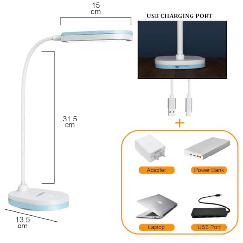 Image of fizzytech 360 Flexible LED Desk Lamp with USB Charging & Night Light - Touch Control Adjustable Desk Light for Reading, Studying, Office & Home Use (Sky Blue)