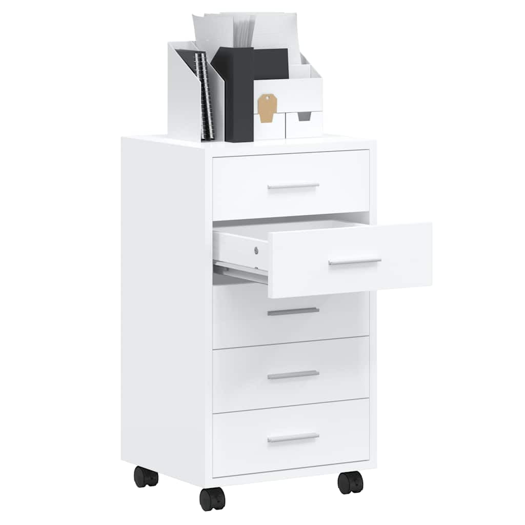 Cassettiera con ruote, in legno bianco lucido, 5 cassetti