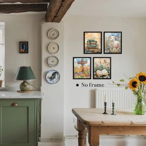 Image of WEFKODO Vintage Christian Flower Bookish Decor Wall Art, Retro Christian Pictures Wall Decor for Home Bathroom Reading Room Church Bedroom, Spring Summer Sheep Posters Prints