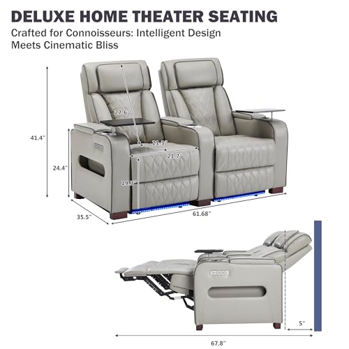 Image of GUEAPY Power Reclining Loveseat Home Theater Seating with Adjustable Headrest, Faux Leather Electric Recliner with LED Lighting, Cup Holders, USB Charging & Removable Tray Table, Row of 2