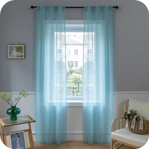 GIRASOLE HOME Paire de rideaux en voile semi-transparent effet lin pour salon, chambre, balcon, fenêtre et intérieur, 2 panneaux avec poche (Turquoise, 70 x...