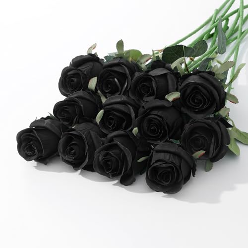 LILUYTO 12Pcs Realistic Fake Roses Faux Flowers with Long Stems, Artificial Silk Rose Flowers for Valentines Day Home Wedding Decor Bridal Bouquet (Black)