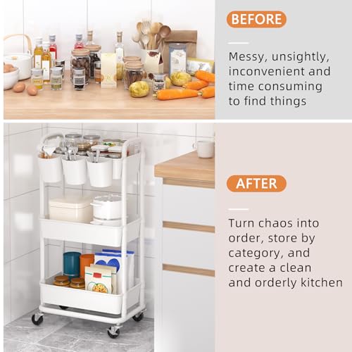 Miniatura 7 de Jiuyotree Carrito De Almacenamiento De Plástico De 3 Niveles Con Asas Para Colgar Adicionales, Ruedas Bloqueables Para Sala De Estar, Baño, Cocina, Oficina, Color Blanco