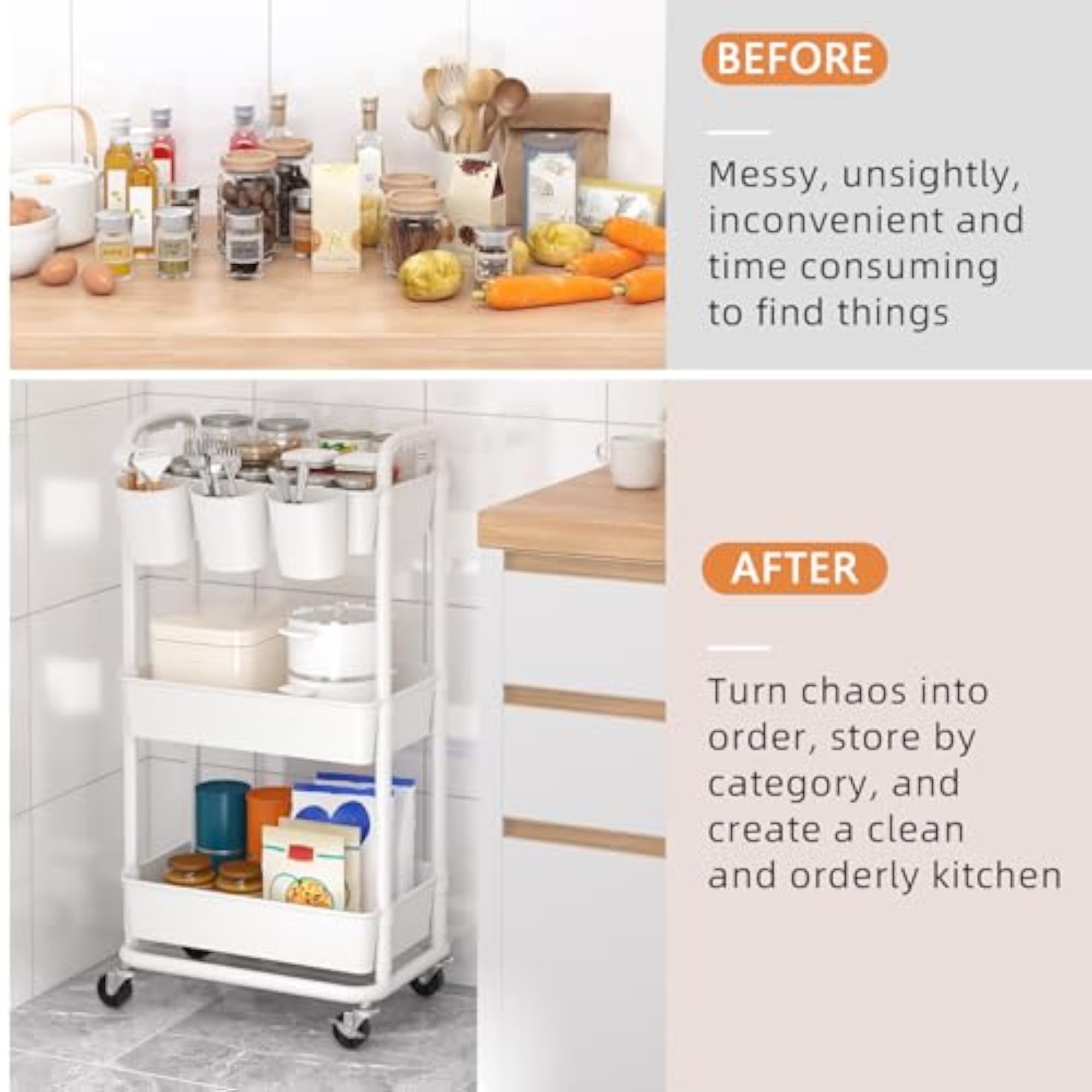 3-Tier Rolling Storage Cart with Lockable Wheels