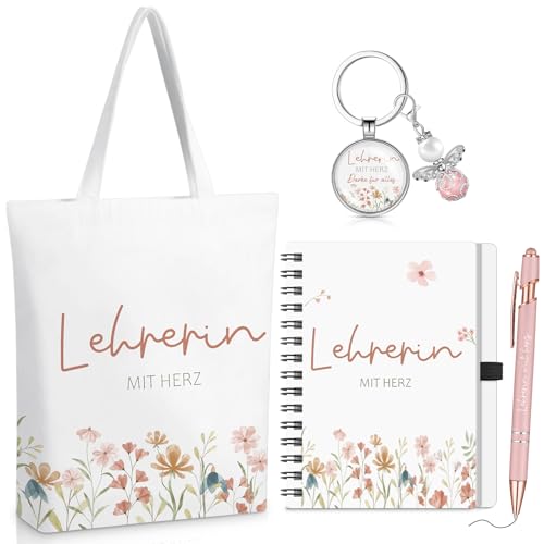Hestya 4er Set Danke Geschenkset für Lehrerin Canvas-Tasche A6 Notizbuch Stift Schlüsselanhänger mit Engelsanhänger Abschluss Geschenk für Lehrerin Erzieherin Kollegin Freundin Abschied