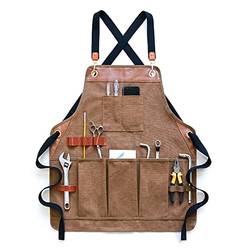 Tool Apron Heavy-Duty Waxed Canvas Leather Reinforcement Extra Pockets Adjustable for Men Woodworker Blacksmith Welder Aprons (BROWN)