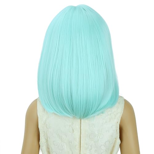 Image of PATTNIUM Mint Green Bob Wig for Kids Girls Short Light Green Straight Wig with Bangs Cosplay Party Synthetic Rose Net Daily Wear Wig
