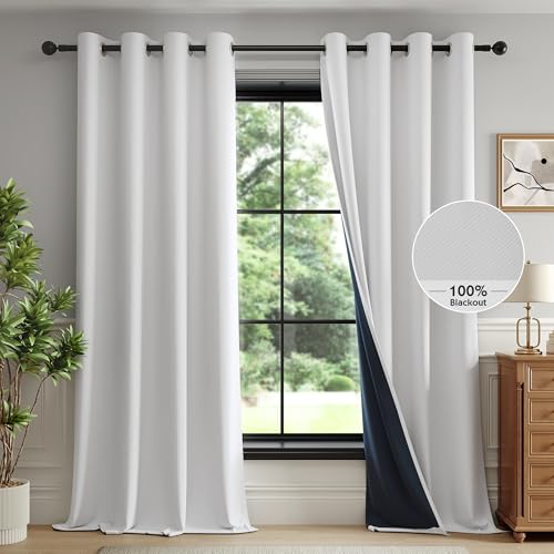 FMFUNCTEX 100% White Blackout Curtains for Bedroom, White Weave Textured Curtains 90 Inches Long Thermal Insulated Curtain for Living Room, Black Out Drapery Grommet Room Darkening 2 Panels