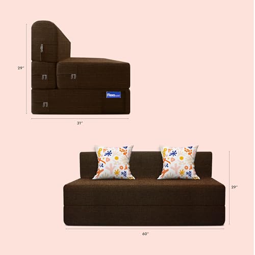 Image of Starlon 3 Seater Sofa Cum Bed Foldable 3-in-1 Sofa Bed with 1 Year Warranty, Washable Jute Fabric Cover & 2 Floral Pillows | Guest Bed | Coffee Brown 5x6.25 Ft