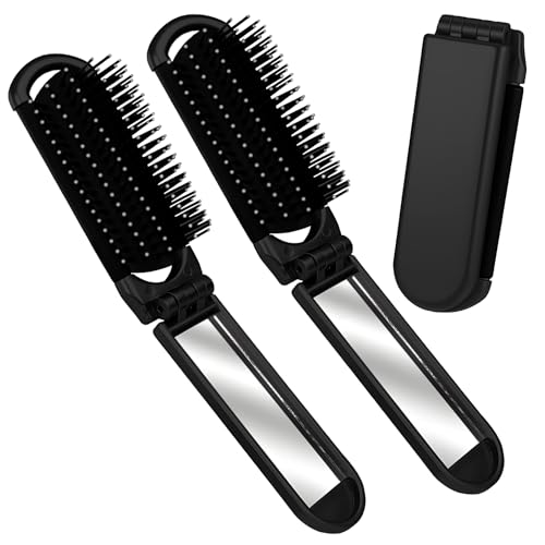 YPYMOD 2 Piezas Mini Cepillo Plegable para El Pelo de Viaje, Cepillo de Viaje con Espejo, para Hombres, Niñas, Mujeres，para El Cuero Cabelludo Grueso, Fino, Rizado, Liso, Húmedo y Seco（Negro）