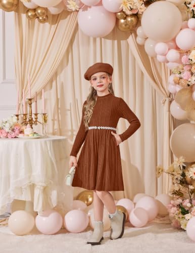 Image of Arshiner Girls Dresses Long Sleeve A Line Knit Sweater Dress with Pockets