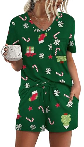 RUBZOOF Christmas Pajamas for Women Shorts Set Christmas Tree Print Casual Soft V Neck 2 Piece...