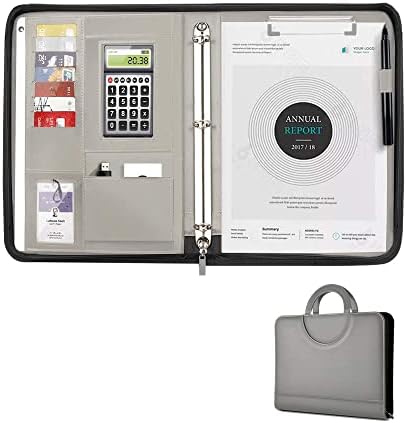 AtailorBird Padfolio,Magnetic Handle PU Leather Zippered Portfolio with 3 Ring Binder Document Organizer for Business Interview Office,Gray