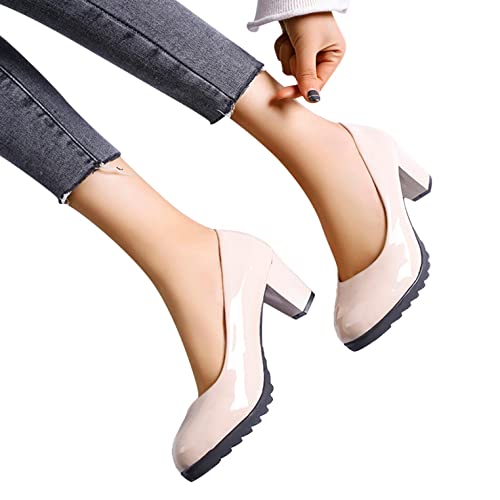 ZSpzx Women's Dress Shoes Slip On Classic Patent Leather Mid Chunky Heel Dress Pumps Shoes Round Toe Comfort Block Heeled Dressy Pumps Ladies Office Work Shoes Formal Dress Shoes