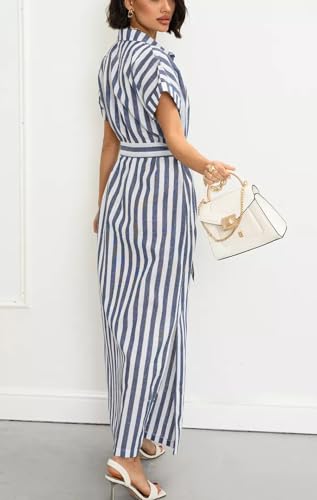 Image of chouyatou Women's Summer Short Sleeve Striped Shirt Dress Beach Maxi Long Belted Casual Button Down Dress