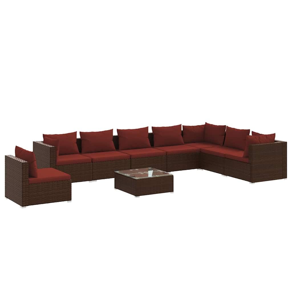 9-częściowy zestaw wypoczynkowy ogrodowy z poduszkami, modułowa sofa outdoorowa z rattanu PE w kolorze brązowym, malowana proszkowo rama stalowa, hydrofobowa tapicerka, chromowane nóżki z