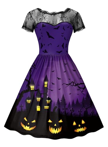 For G and PL Halloween Damen Kürbis Fledermaus Druck Schwarz Spitzenkrägen Party Kleider Kurzarm Vintage Violett M
