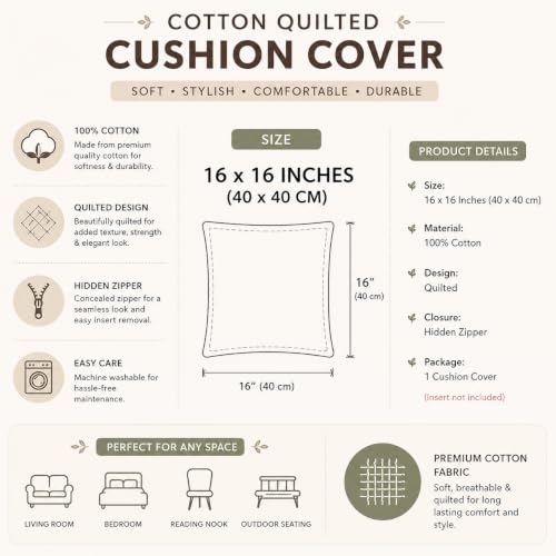 Image of Pure Cotton Quilted Cushion Cover 16x16 Inch | Anokhi Print Decorative Throw Pillow Cover | Soft Cotton Sofa Cushion Cover with Hidden Zipper | Living Room Bedroom Home Decor