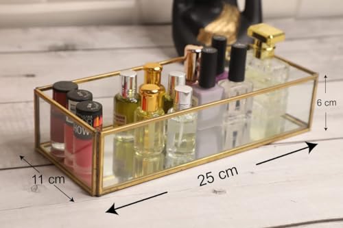 Image of Vintage Rectangular Brass Glass Tray with Jewelry Organizer, Decorative Accent, Wedding Bridal Party Gift, Candy Table Decor (Colour-Gold, Size- 25cm X 11cm X 6cm (LxBxH) (Pack of 1)