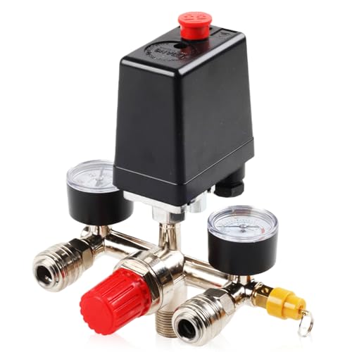 Regulador de presión compresor de 220 V con interruptor de presión, 2 manómetros, válvula de seguridad y 2 acoplamientos, compresor de aire reductor de presión con rosca exterior de 1/2