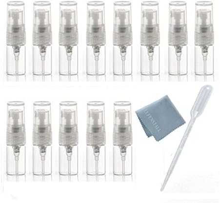 Elfenstall- 20pcs Mini Clear 2ml 5/8 Dram Fine Mist Atomizer Vial Glass bottle Spray Refillable Perfume Empty Sample Bottle With Clean Cloth Free Pipette for Travel Party