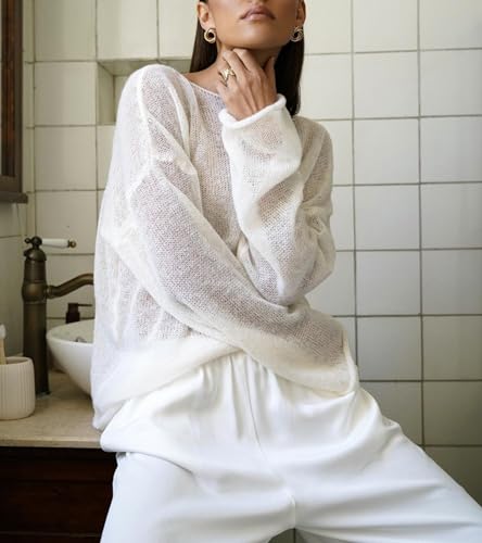Image of Sweters for Women, Womens Sweater, O-Neck Solid Color See Through Pullover Jumper Shirt Beach