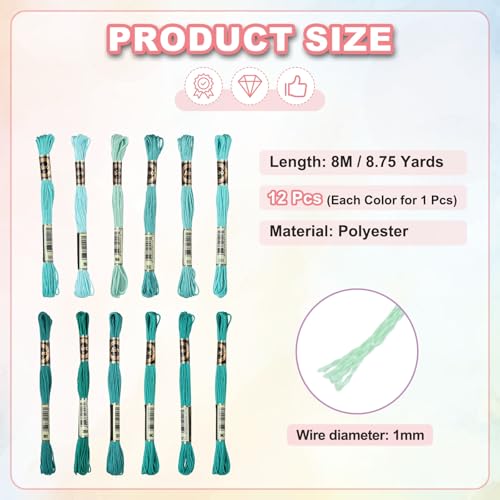 Image of PATIKIL 12 Skeins Embroidery Floss Polyester Embroidery Threads Bracelets String for Cross-Stitch Hand Embroidery, Light Green