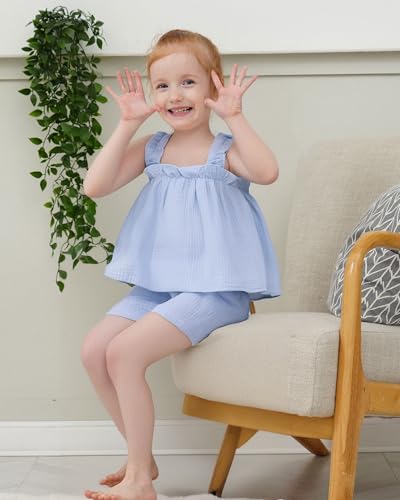 XUANHAO Toddler Baby Girl Clothes Summer Outfits Sleeveless Ruffled Linen Shirts Tank Tops Shorts Kids Girls Clothing Sets3