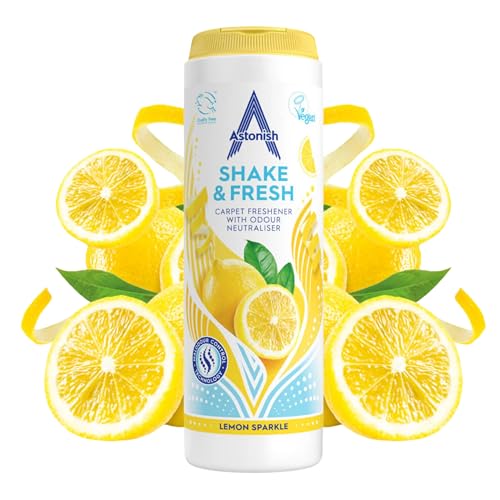 Astonish 350g Shake Fresh Lemon Sparkle Carpet Powder Odor Remover - Pet Smell Deodorizer, Vacuum Safe Citrus Scent, Dry Floor Cleaner, Room Refresher, Home Fragrance, Easy to Use Powder