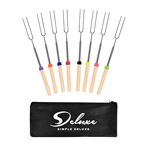 Simple Deluxe Marshmallow Roasting Sticks with Wooden Handle Extendable Forks Set of 8Pcs 32Inch Telescoping Skewers for Stove, 32 inch, Campfire Cooking Equipment