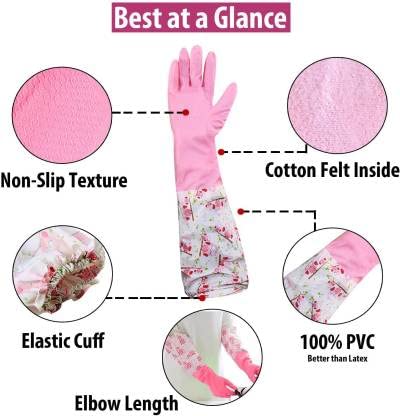 Image of Reusable Rubber Latex PVC Flock lined Long Elbow Hand Gloves Safety Kitchen for Dish-Washing, Cleaning, Gardening, Laundry and Sanitation and Lab Work (Blue) (1 Pair Pink)