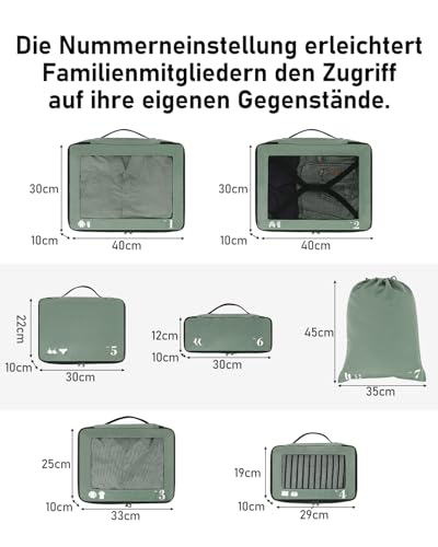 ECOHUB Packwürfel für Koffer, 7 Stück, Reise-Organizer, Packtaschen, recyceltes PET, umweltfreundlich, Reisezubehör, Schuhtaschen für Reisen, Aufbewahrungstasche, Gepäck-Organizer, Reisetasche(Grün)