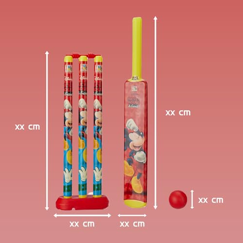 Image of Amazon Brand Jam & Honey Mickey Mouse Cricket Set for Kids, BIS Safe for Kids, Complete Cricket Kit with Bat Ball Stumps Bails and Holder, Indoor Outdoor Sports Toy for Kids Age 3+ Years