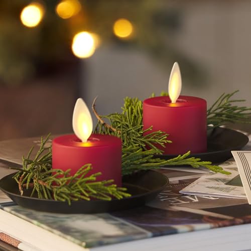 Image of Luminara Moving Flame LED Flameless Tealight (1.4 inch x 2 inch) Remote Ready Battery Operated Plastic LED Flameless Tea Light - Smooth Matte - Pearl Ivory (2-Pack Burgundy)