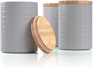 Barnyard Designs Kitchen Canisters with Bamboo Lids, Airtight Metal Canister Set, Coffee, Sugar, Tea, Flour Storage Containers, Cool Grey, 13.5 x 17cm, Set of 3