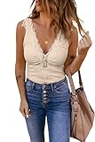 Bigeoosh Womens Lace Patchwork Sexy Deep V Neck Knitted Vests Summer Camis Tank Tops Khaki