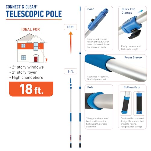 Image of Unger Professional Connect & Clean 6-18 Foot Telescoping Extension Multi-Purpose Pole with Quick-Flip Clamp, Window Cleaning, Dusting, Silver (Pack of 6)